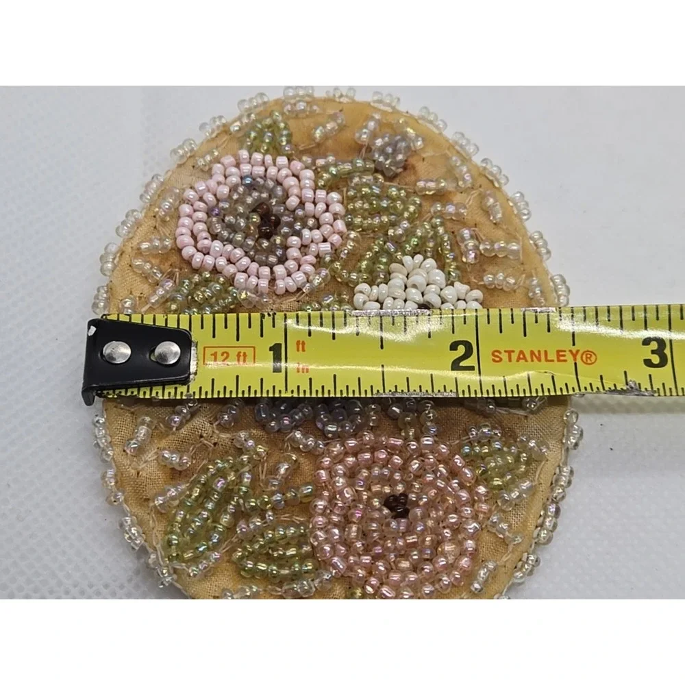 Antique Pink‎ White Pearl Beaded Hand Purse Mirror 3.5